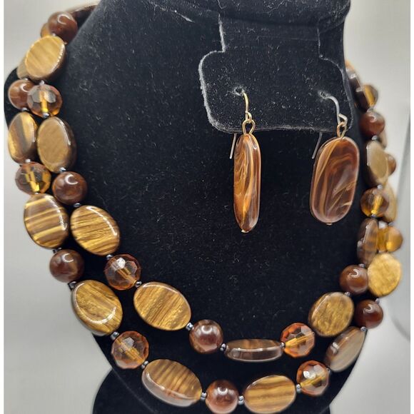 Bohemian Vintage Demi Parure Tiger's Eye Brown Long Necklace Earring Set 38in - Picture 1 of 5
